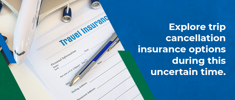 Explore trip cancellation insurance options during this uncertain time - Document that says "Travel insurance" with a pen on top and a model airplane
